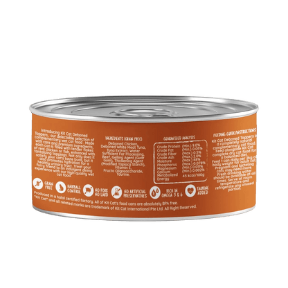 Kit Cat deboned toppers in aspic cat food can, back label view