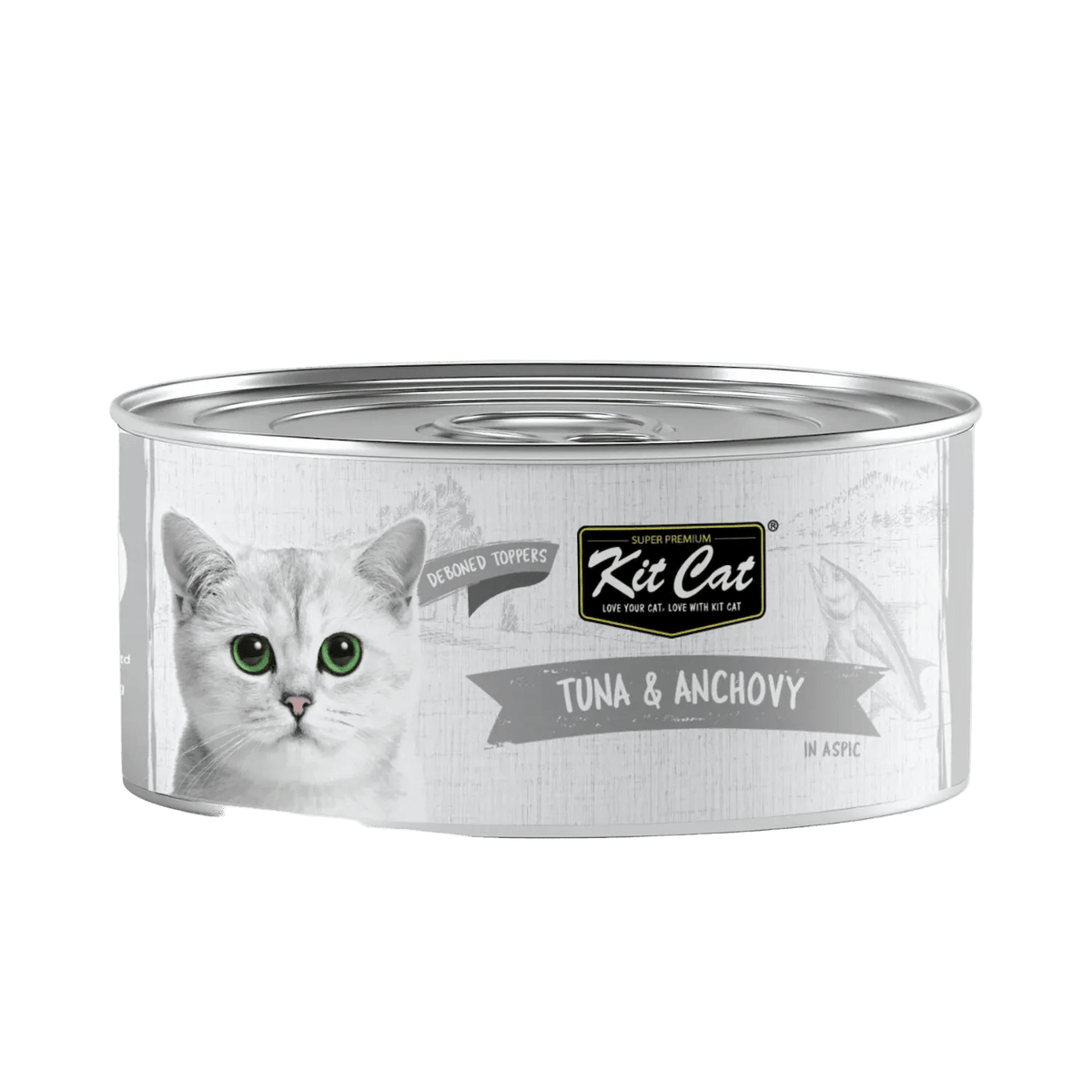 Kit Cat deboned toppers aspic can, Tuna & Anchovy flavor front with cat logo