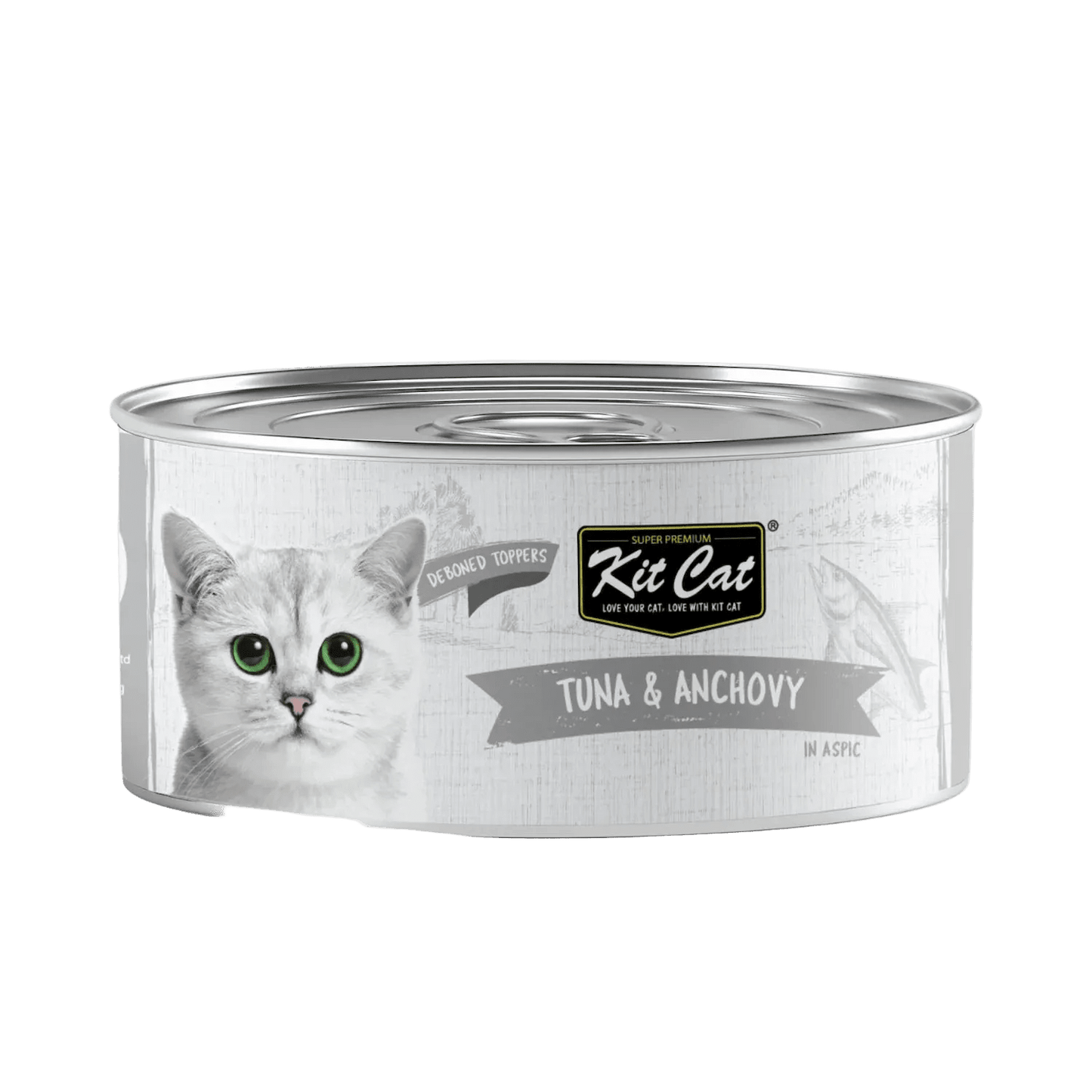Kit Cat deboned toppers aspic can, Tuna & Anchovy flavor front with cat logo