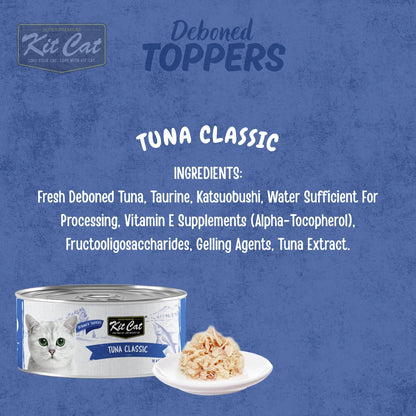 Kit Cat deboned toppers cat food can with spooned tuna classic topping