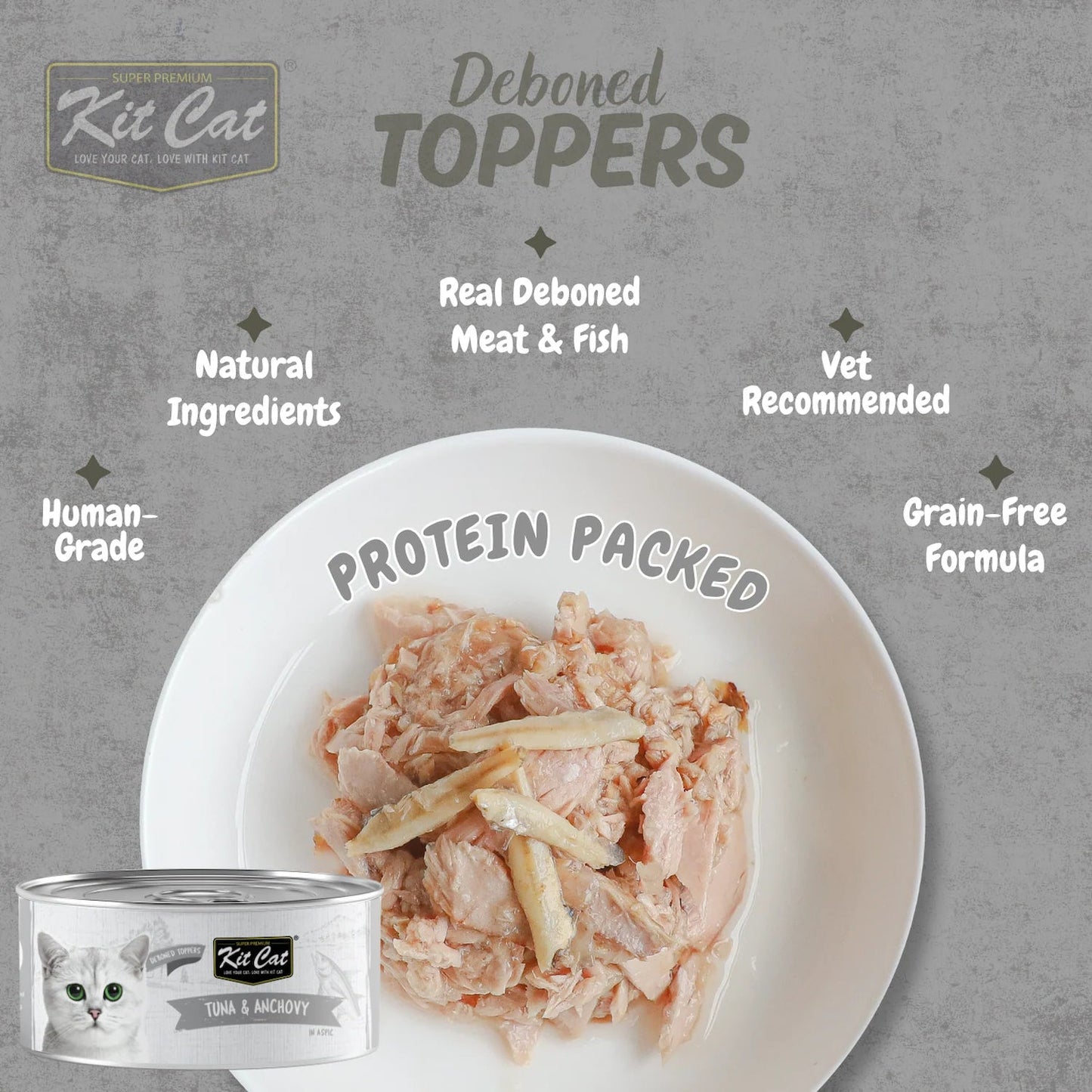 Kit Cat deboned toppers aspic, Tuna & Anchovy shredded topping in bowl with can