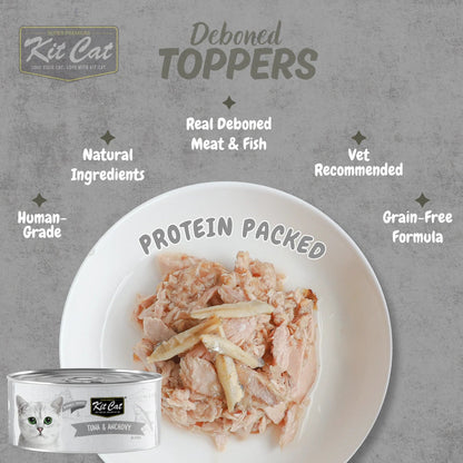Kit Cat deboned toppers aspic, Tuna & Anchovy shredded topping in bowl with can