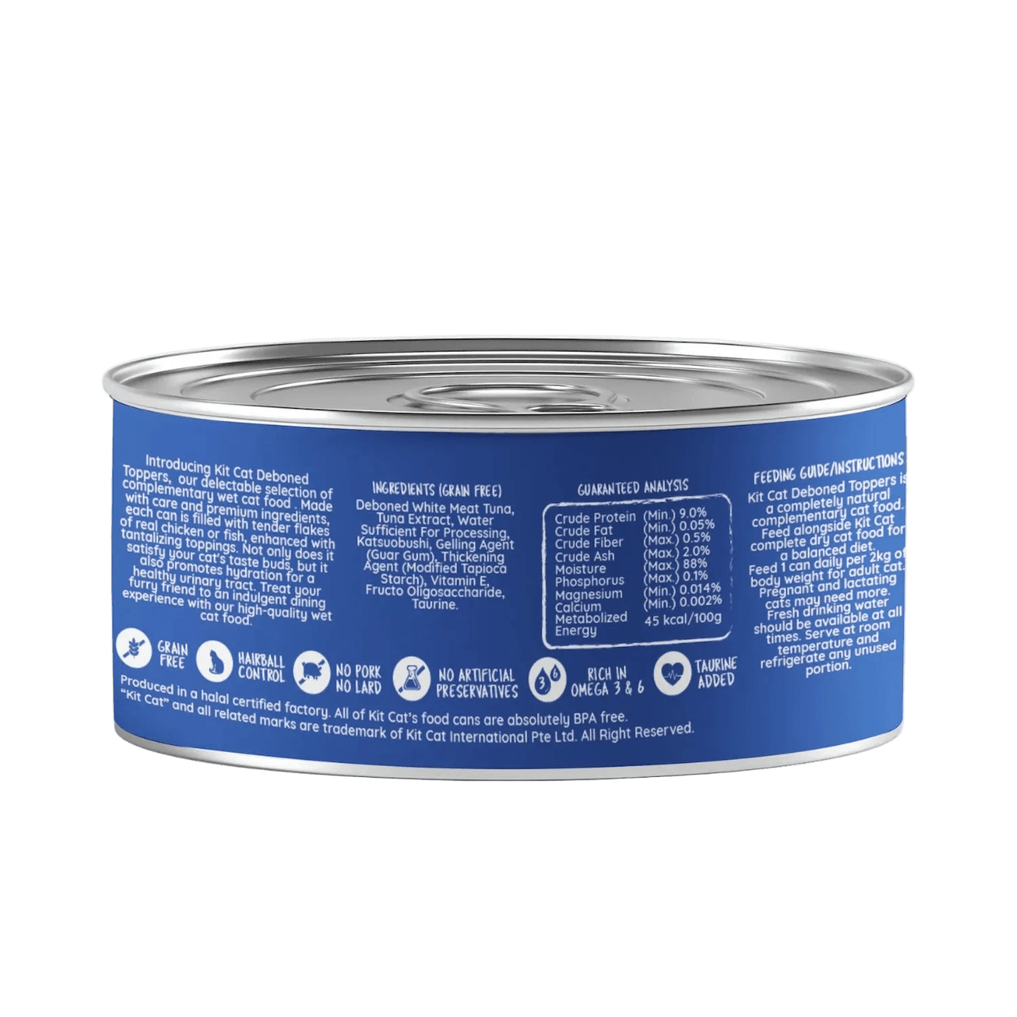 Kit Cat deboned toppers cat food can, blue back label view, 80g