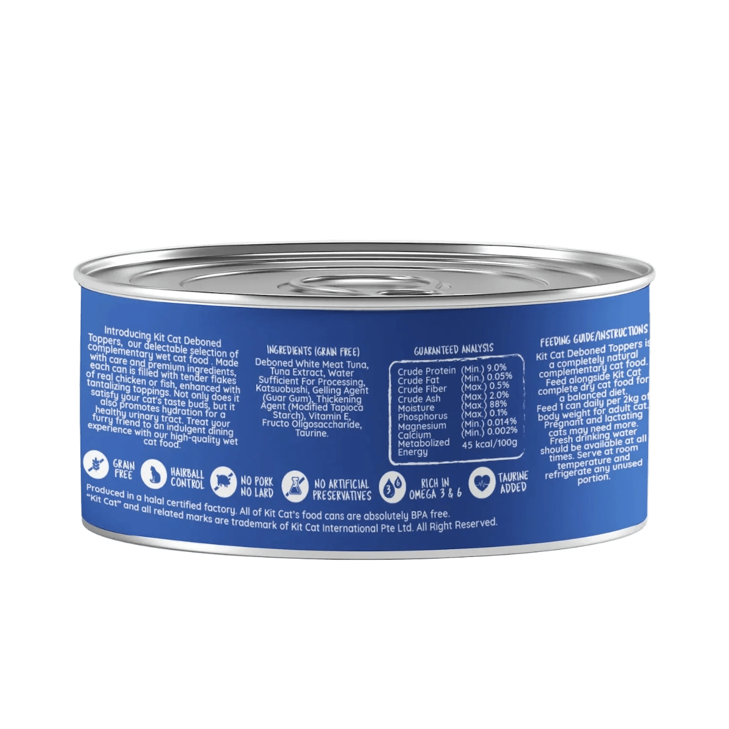 Kit Cat deboned toppers cat food can, blue back label view, 80g