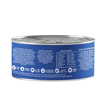 Kit Cat deboned toppers cat food can, blue back label view, 80g