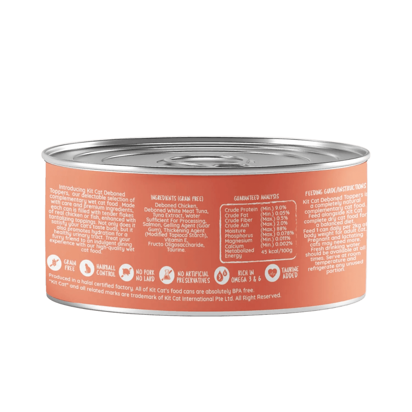 Kit Cat cat food can, chicken & salmon in aspic, orange back label with details