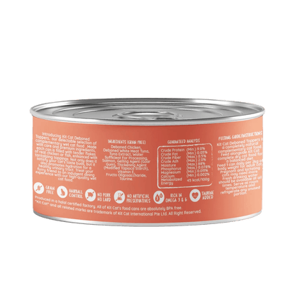 Kit Cat cat food can, chicken & salmon in aspic, orange back label with details