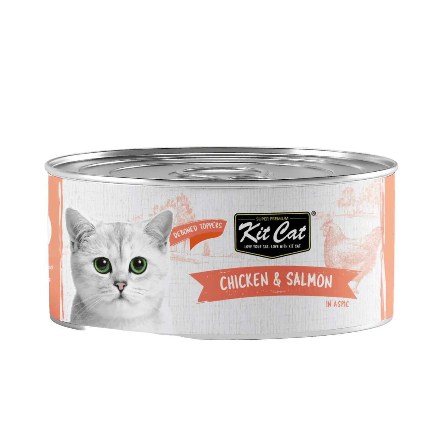 Kit Cat deboned toppers cat food can, chicken & salmon in aspic, silver lid