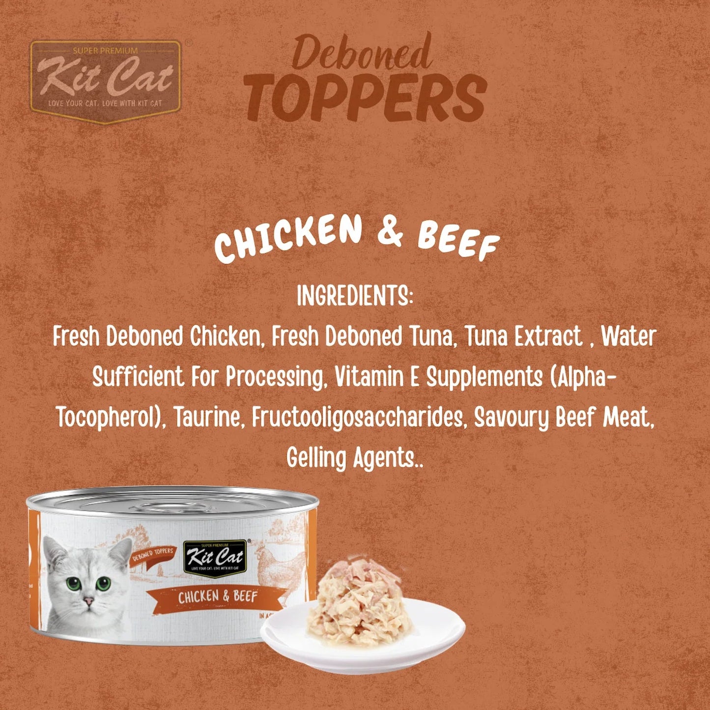 Kit Cat chicken & beef deboned toppers in aspic cat food can with spoon and bowl