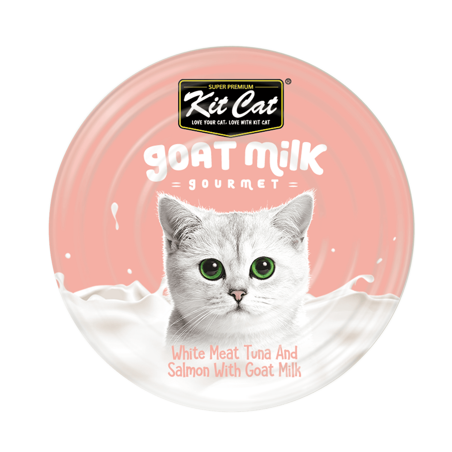Goat milk wet cat food lid, pink label showing white meat tuna and salmon