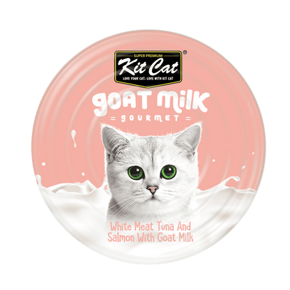 Goat milk wet cat food lid, pink label showing white meat tuna and salmon