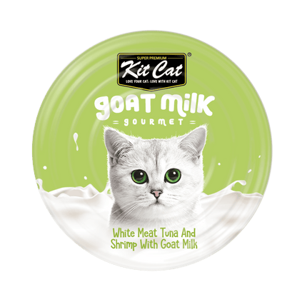 Goat milk wet cat food lid, green label showing white meat tuna and shrimp