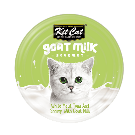 Goat milk wet cat food lid, green label showing white meat tuna and shrimp