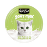Goat milk wet cat food lid, green label showing white meat tuna and shrimp