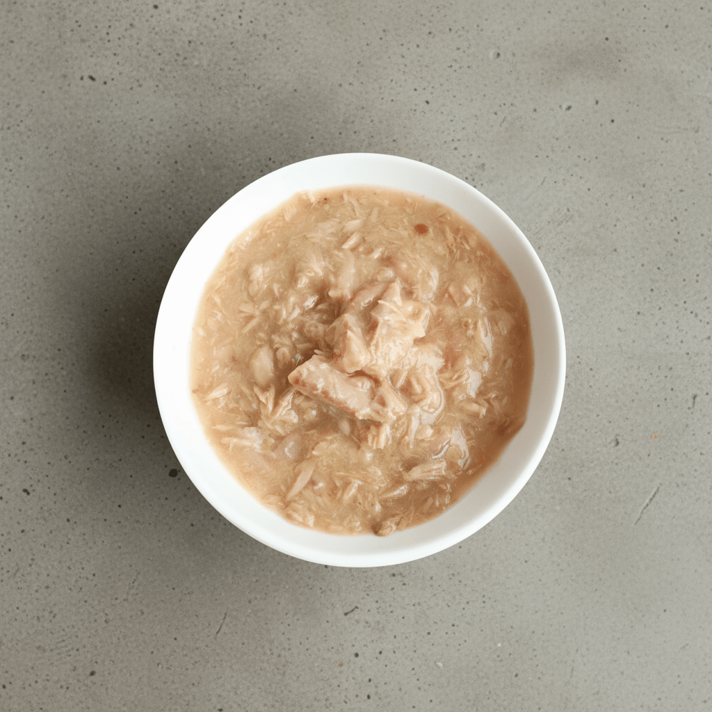 Wet cat food in white bowl, pale beige shredded meat with visible flakes