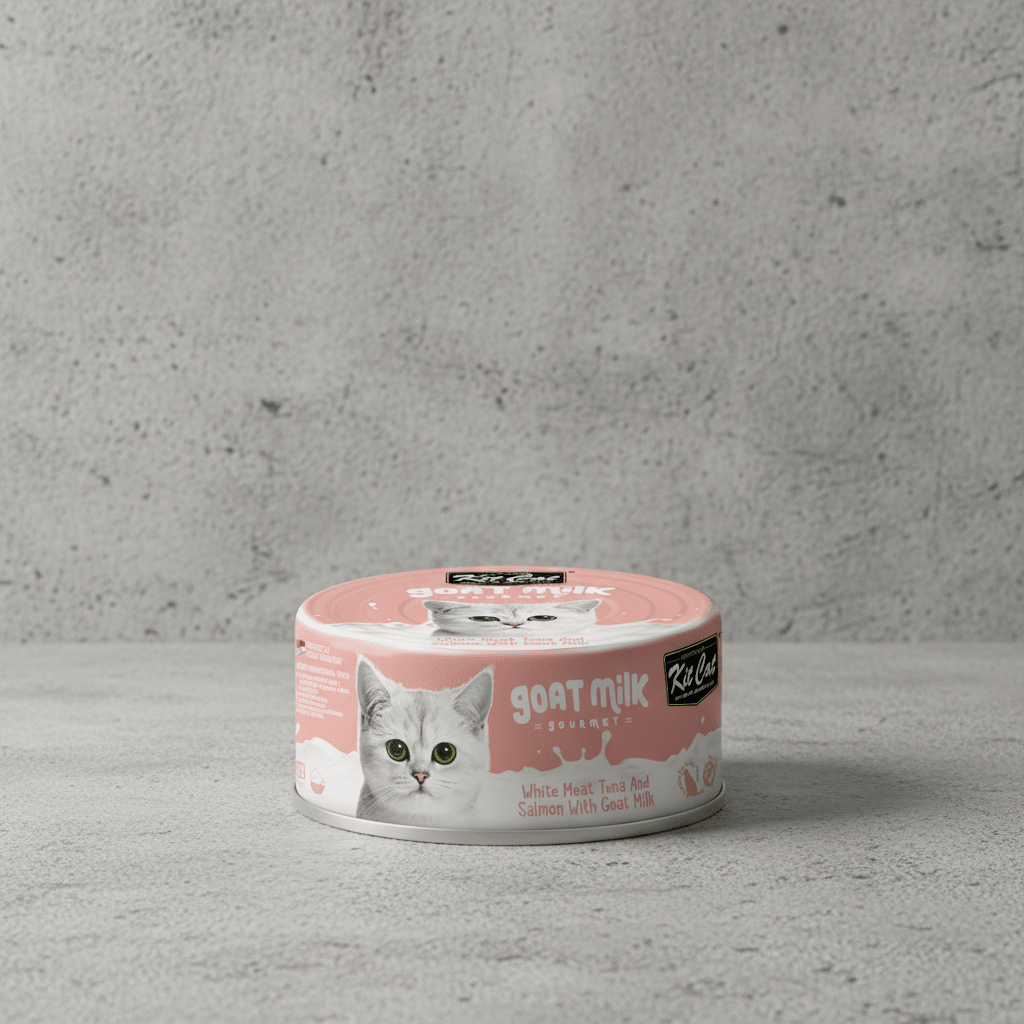 Wet cat food can, pink Goat Milk variety with cat face label, round tub