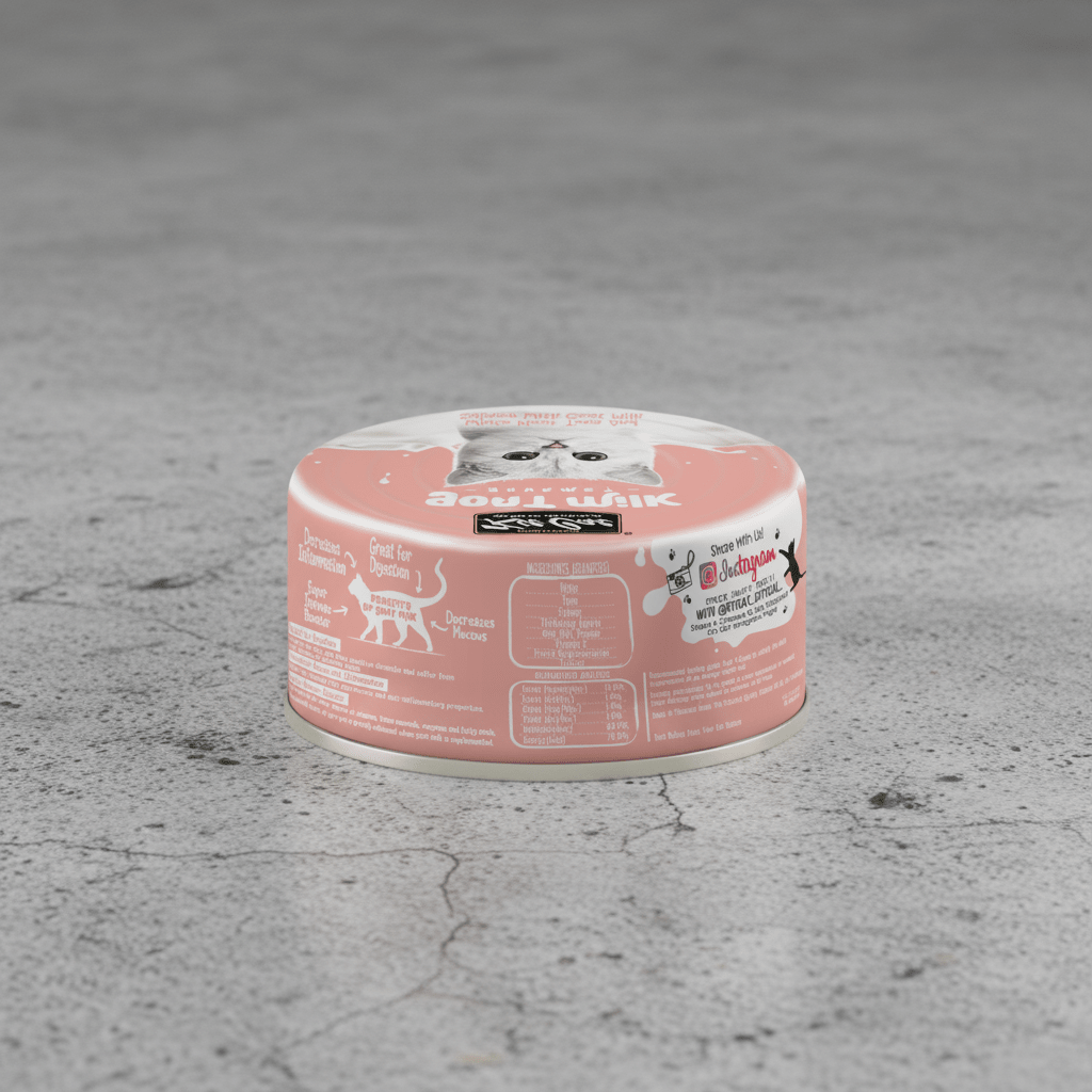 Wet cat food can, pink Goat Milk variety back label, round tub