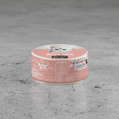 Wet cat food can, pink Goat Milk variety back label, round tub