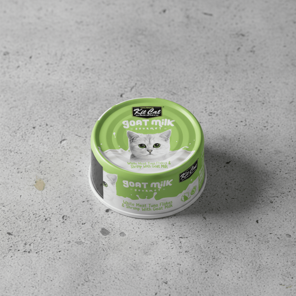 Wet cat food can, green Goat Milk variety with cat face label, round tub