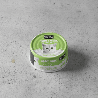 Wet cat food can, green Goat Milk variety with cat face label, round tub