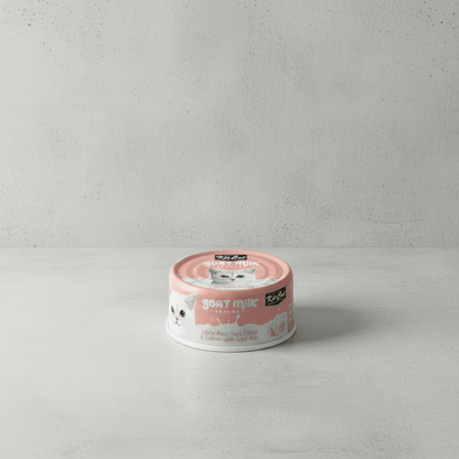 Wet cat food cup, pink label with goat milk and white meat tuna and salmon