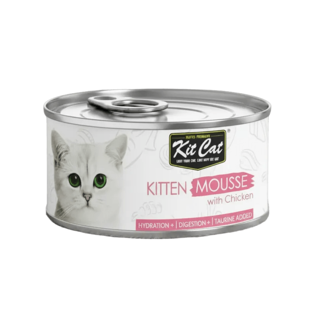 Kit Cat kitten mousse with chicken wet cat food can, front view with pull-top lid