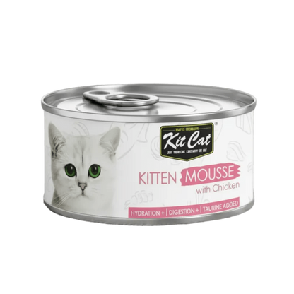 Kit Cat kitten mousse with chicken wet cat food can, front view with pull-top lid