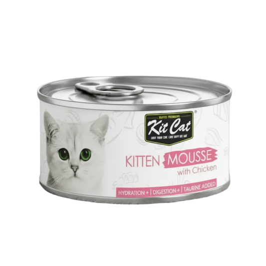 Kit Cat kitten mousse with chicken wet cat food can, front view with pull-top lid