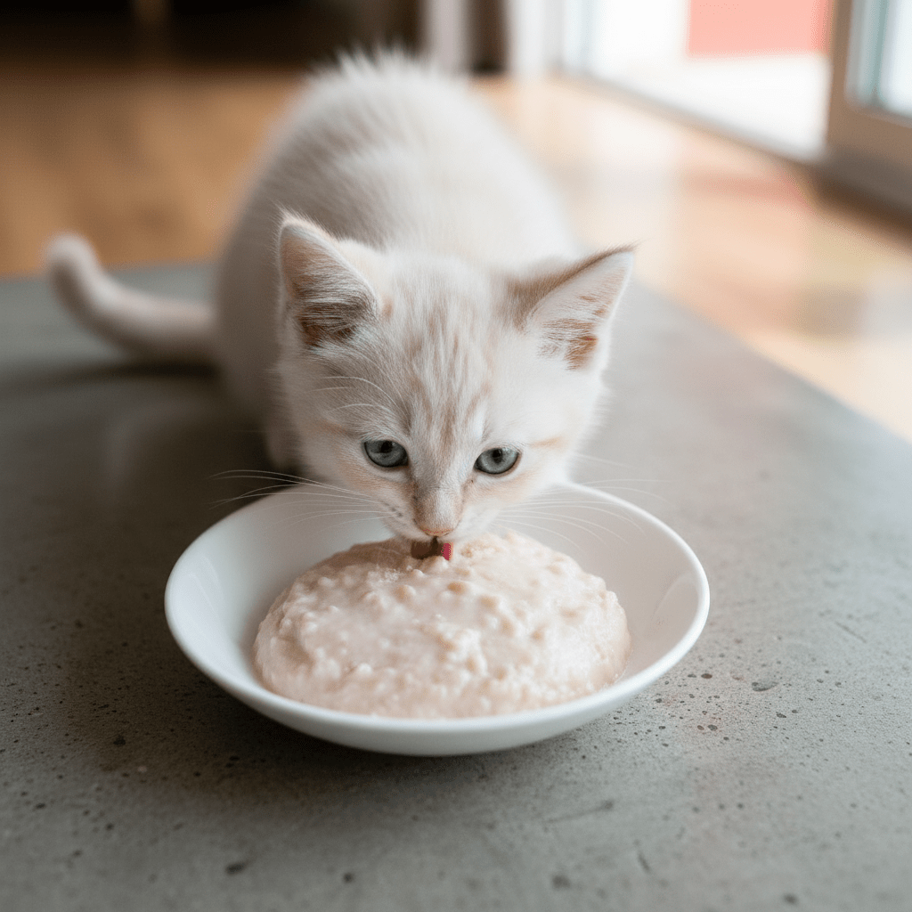 White kitten eating pale mousse from a white ceramic bowl