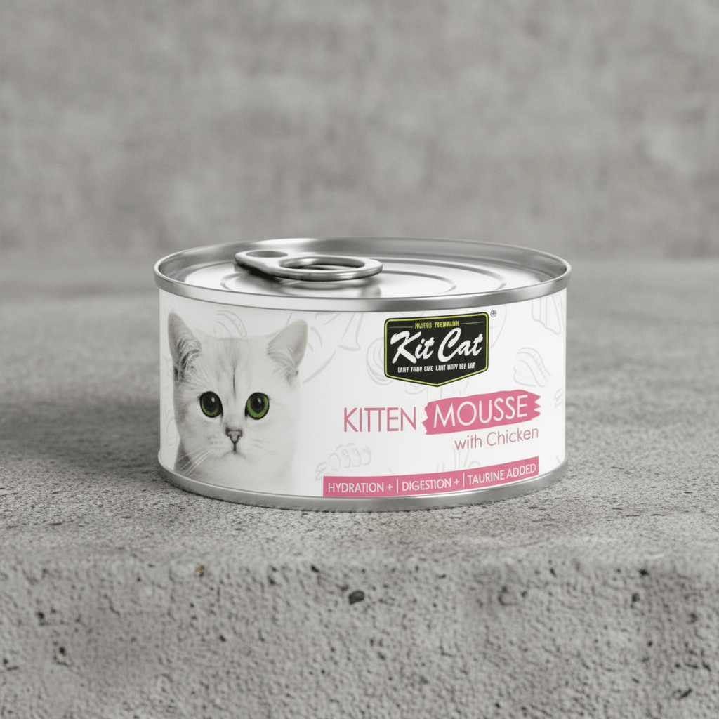 Kit Cat kitten mousse wet cat food can with chicken, silver pull-top and cat label