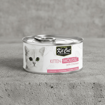 Kit Cat kitten mousse wet cat food can with chicken, silver pull-top and cat label