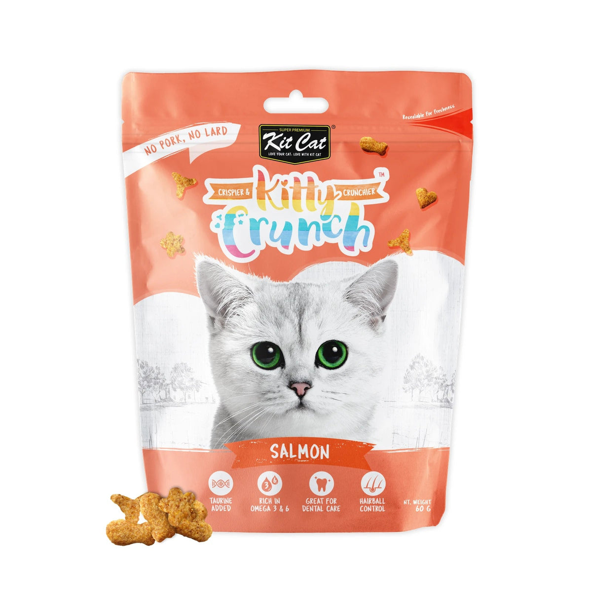 Kit Cat KittyCrunch Cat Treats 60g — Salmon — KITTY CRUNCH_FRONT_SALMON_WITH PRODUCT