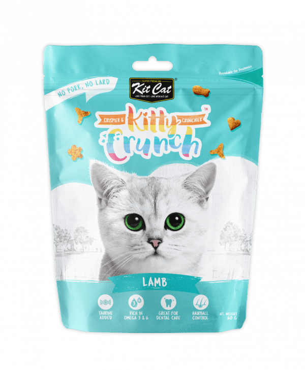 Kit Cat KittyCrunch lamb-flavored cat treats pouch, turquoise and white packaging
