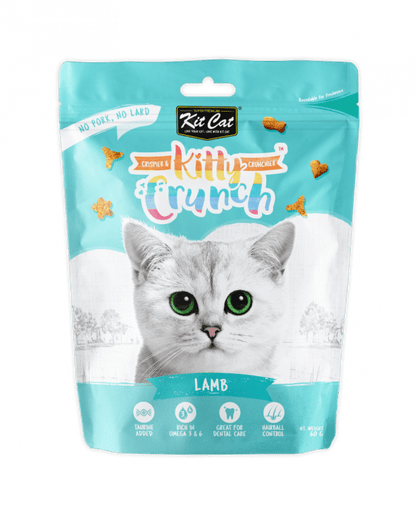 Kit Cat KittyCrunch lamb-flavored cat treats pouch, turquoise and white packaging