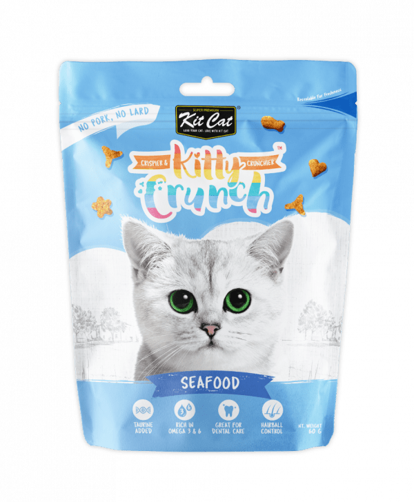 Kit Cat KittyCrunch seafood-flavored cat treats pouch, blue and white bag