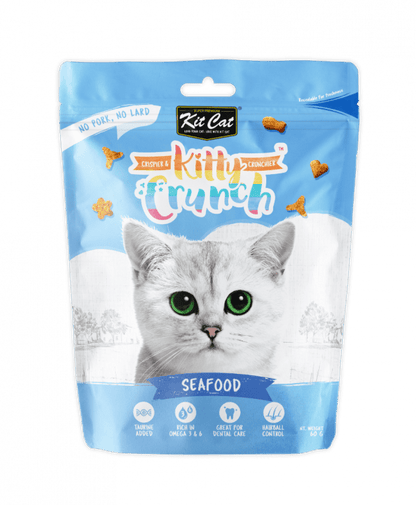 Kit Cat KittyCrunch seafood-flavored cat treats pouch, blue and white bag