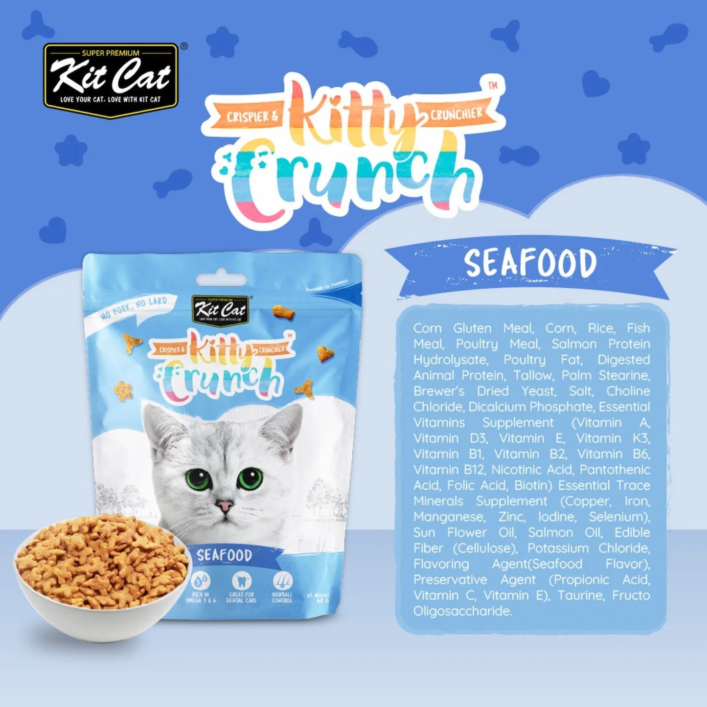 Kit Cat KittyCrunch seafood cat treats pouch with ingredient panel