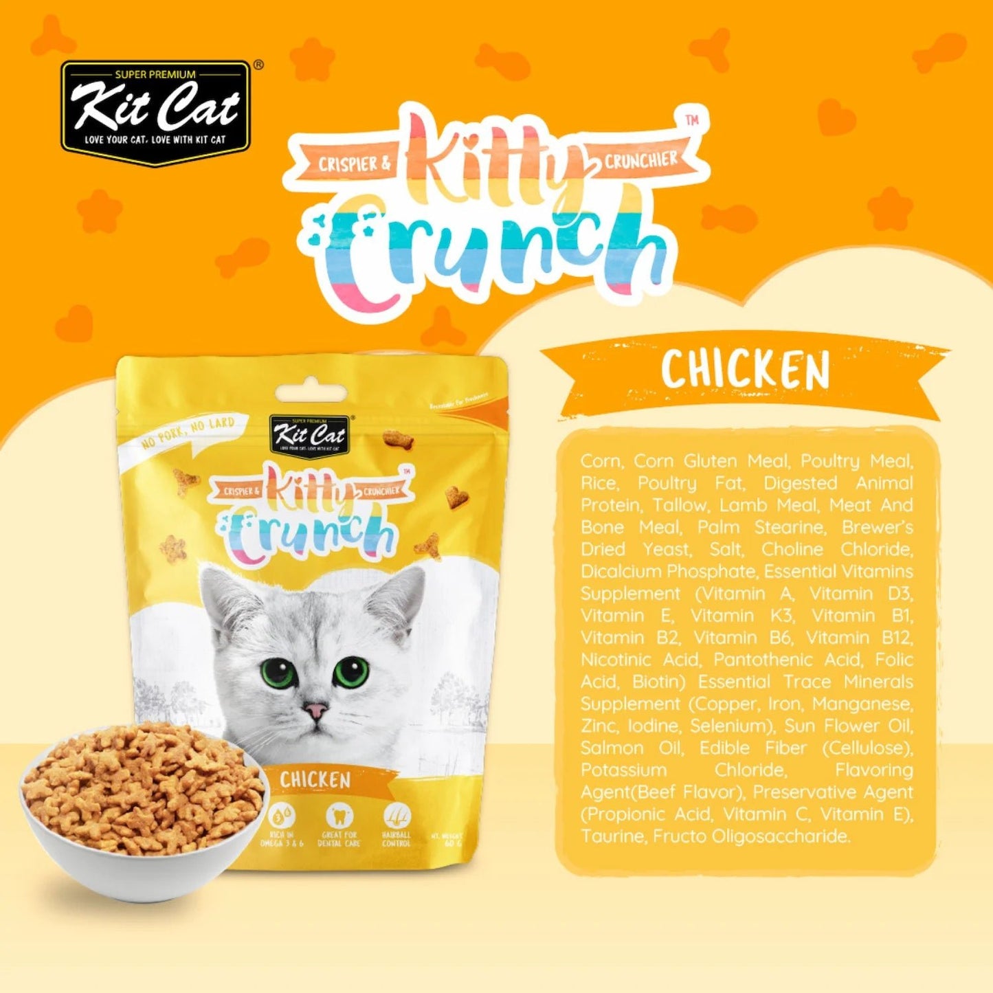 Kit Cat KittyCrunch chicken cat treats pouch with ingredient panel