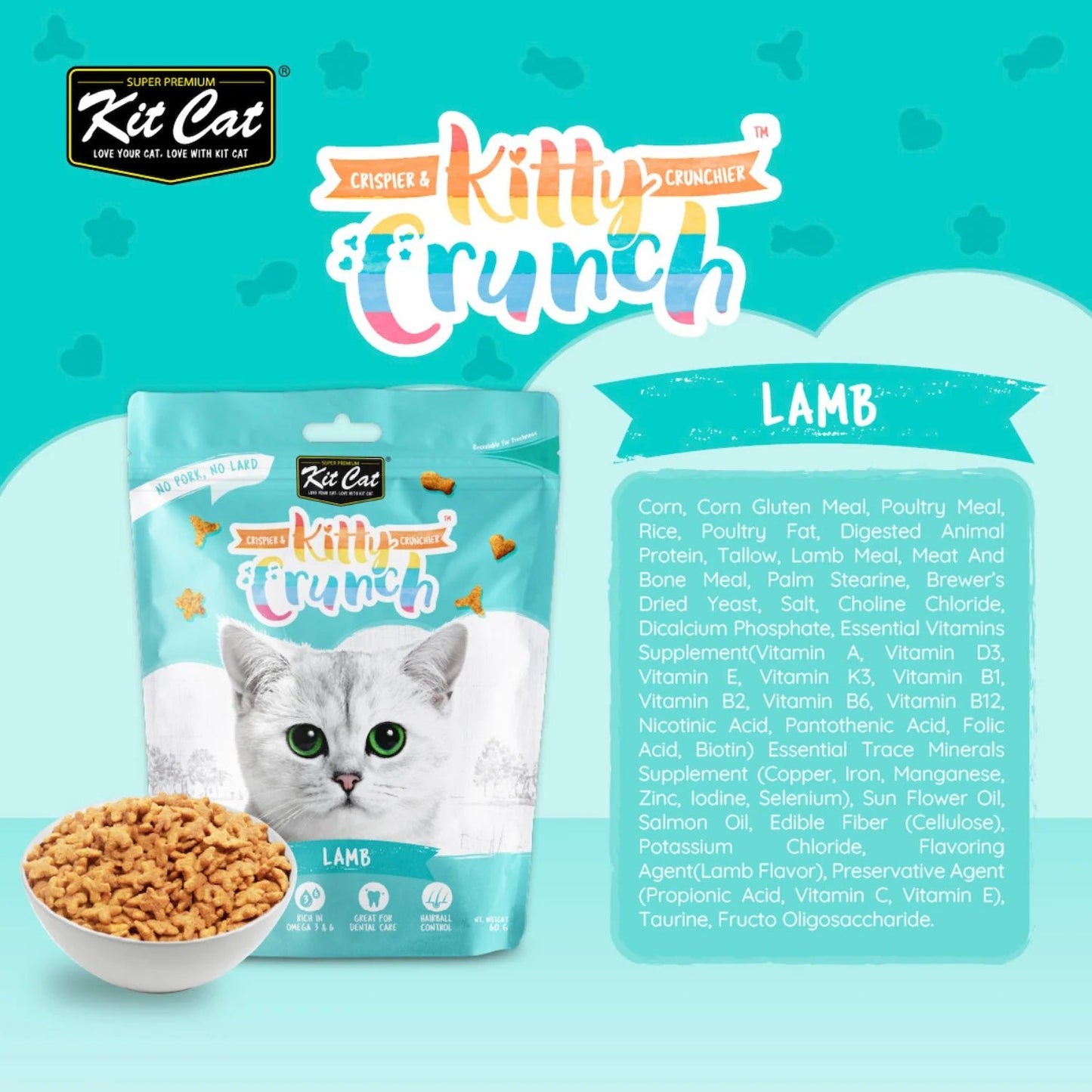 Kit Cat KittyCrunch lamb cat treats pouch with ingredient panel