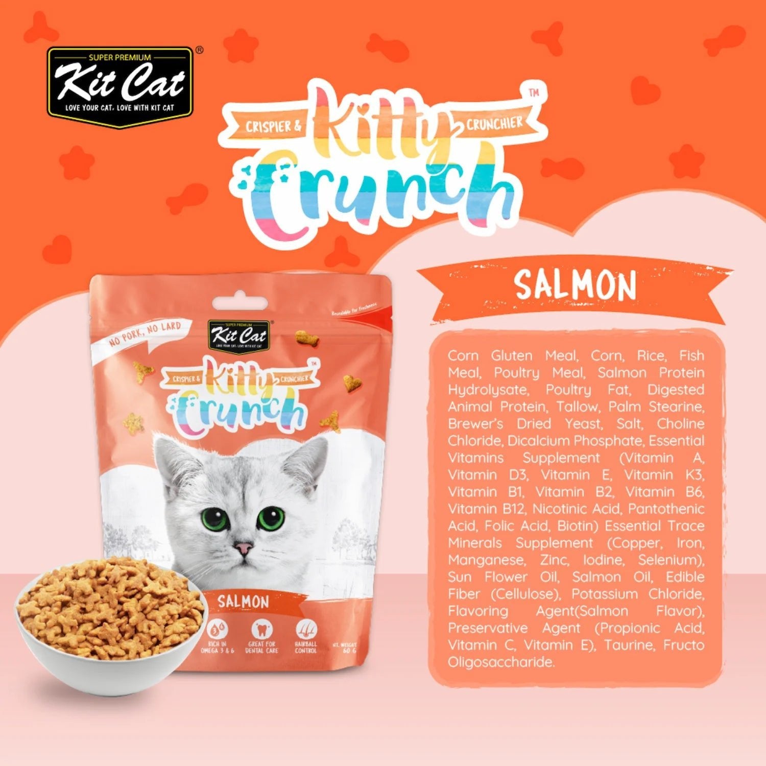 Kit Cat KittyCrunch salmon cat treats pouch with ingredient panel