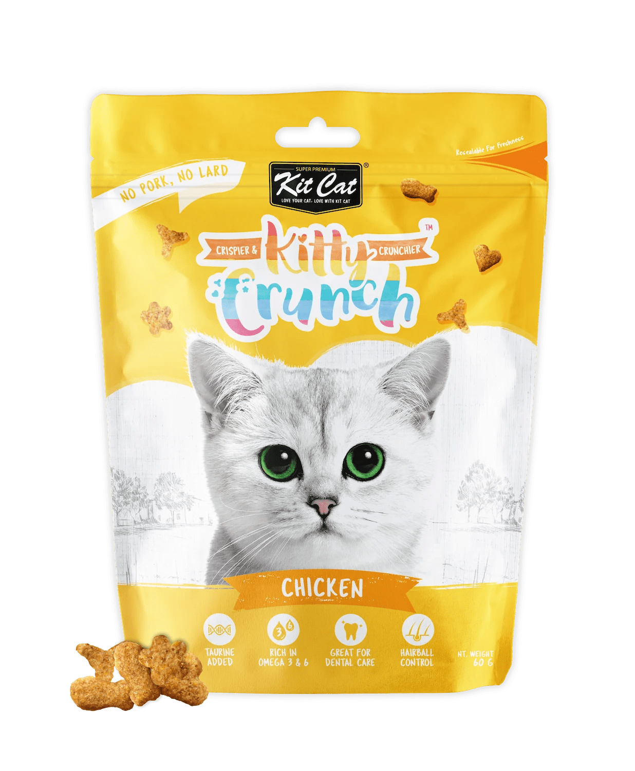 Kit Cat KittyCrunch chicken cat treats in yellow pouch with cat-face label