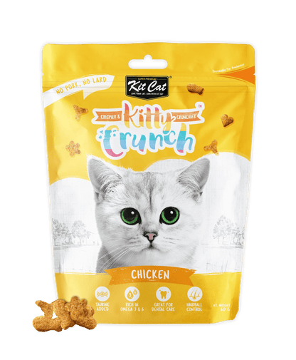 Kit Cat KittyCrunch chicken cat treats in yellow pouch with cat-face label