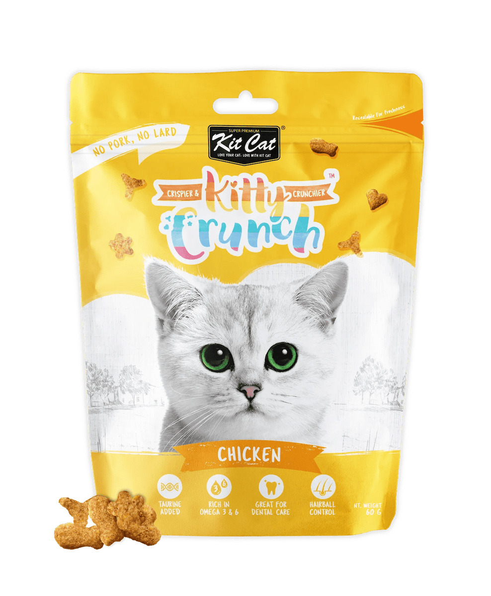 Kit Cat KittyCrunch chicken cat treats in yellow pouch with cat-face label