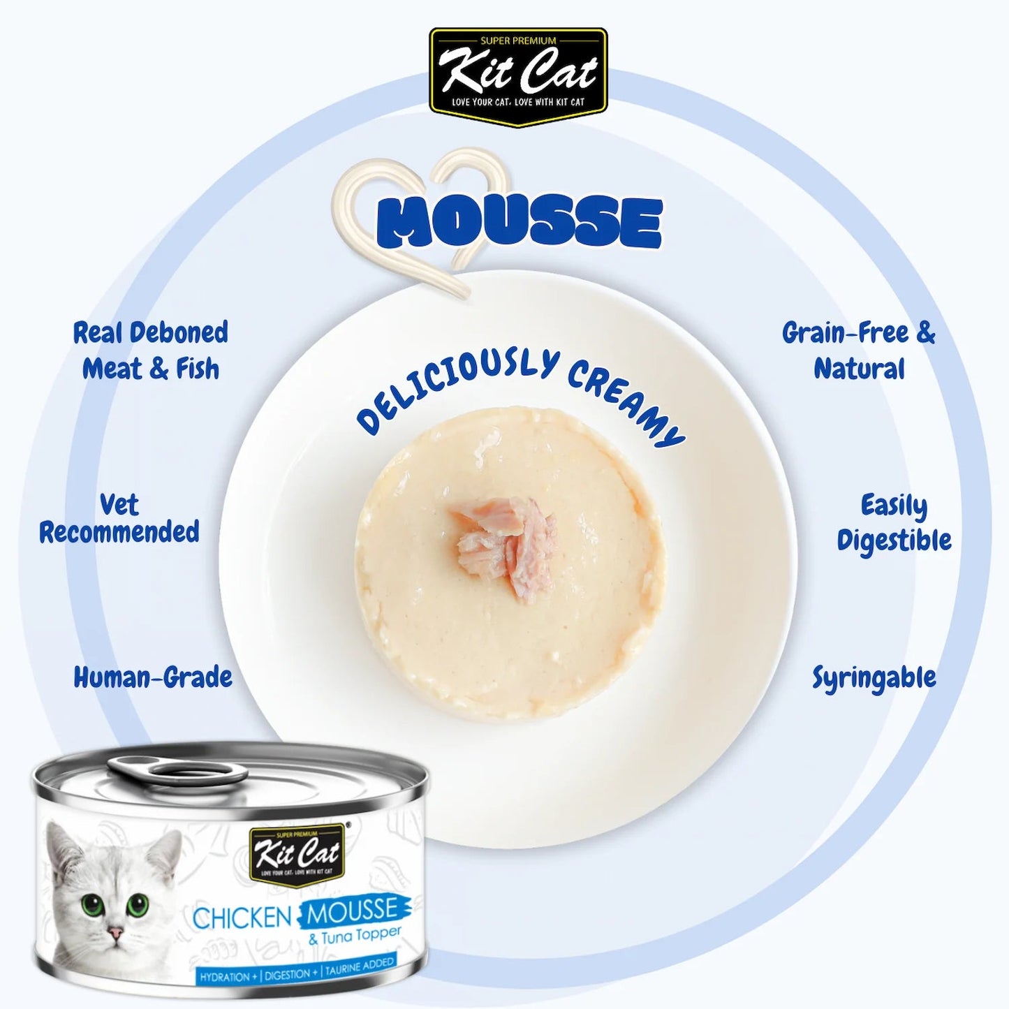 Kit Cat mousse plate with can, creamy pale cat food with shredded pieces