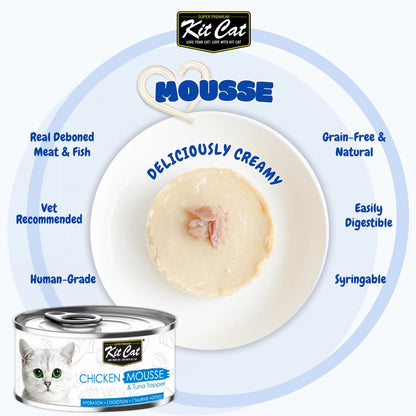 Kit Cat mousse plate with can, creamy pale cat food with shredded pieces