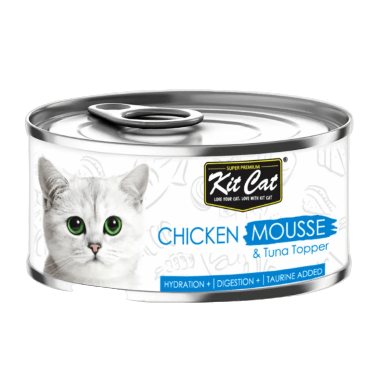 Kit Cat chicken mousse & tuna topper canned cat food, front label view