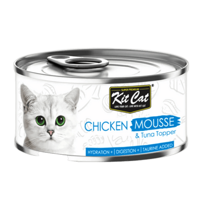 Kit Cat chicken mousse & tuna topper canned cat food, front label view