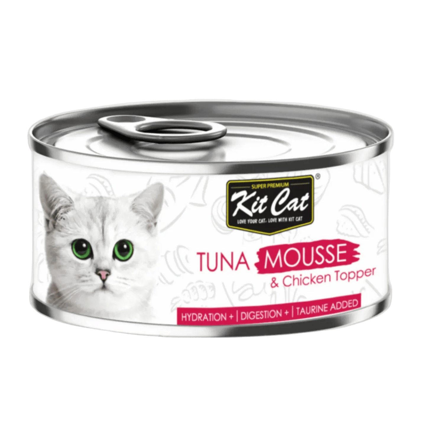 Kit Cat tuna mousse & chicken topper canned cat food, front label view