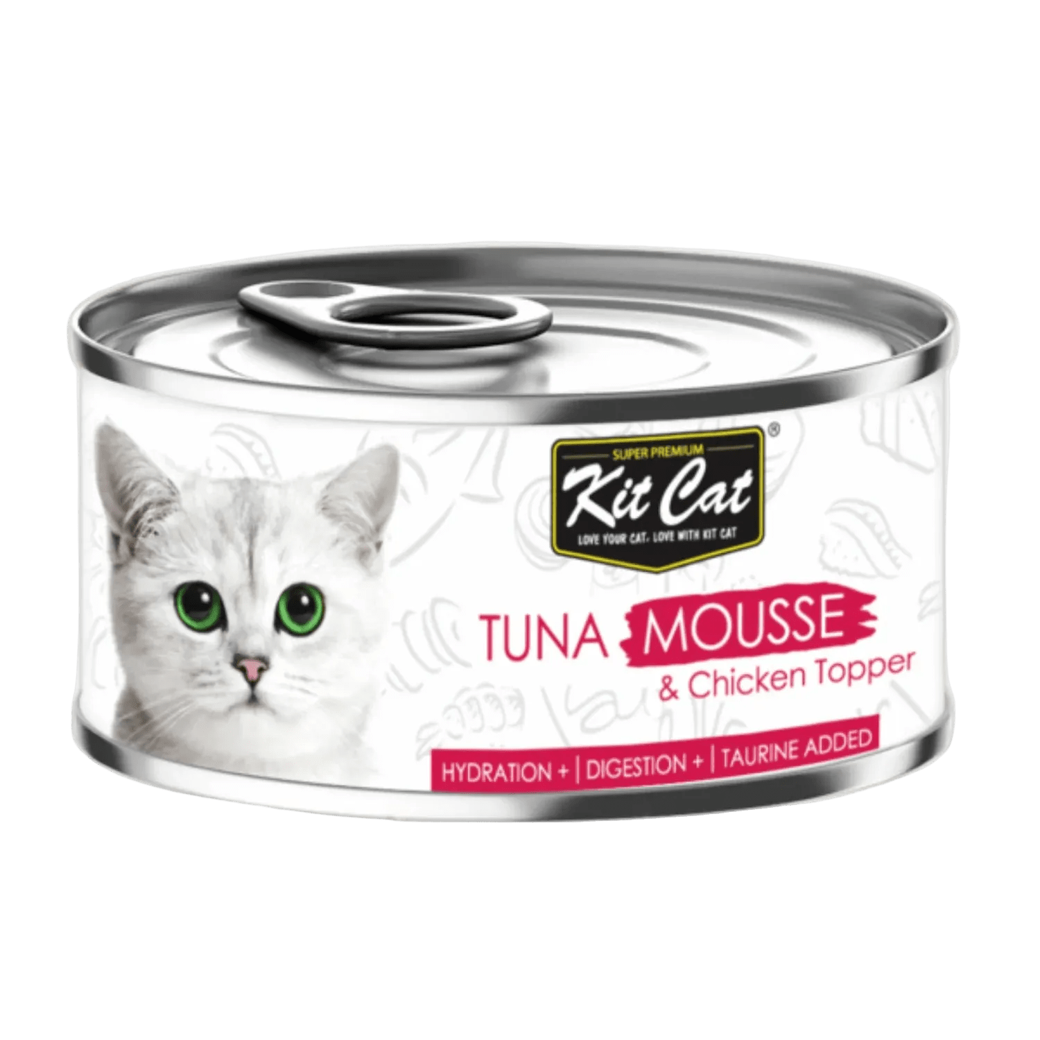 Kit Cat tuna mousse & chicken topper canned cat food, front label view
