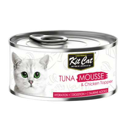 Kit Cat tuna mousse & chicken topper canned cat food, front label view